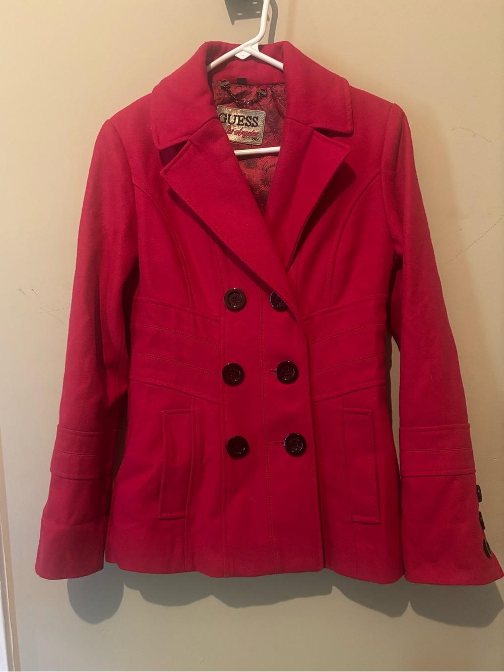 GUESS Vintage Bright Red Double-Breasted Wool Blend Peacoat